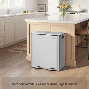 SONGMICS Trash Can, 2 x 8 Gallon (2 x 30 L) Double Garbage Can with Soft-Close Lids, Removable Inner Buckets, Pedals, Stainless Steel, for Waste and Recycling