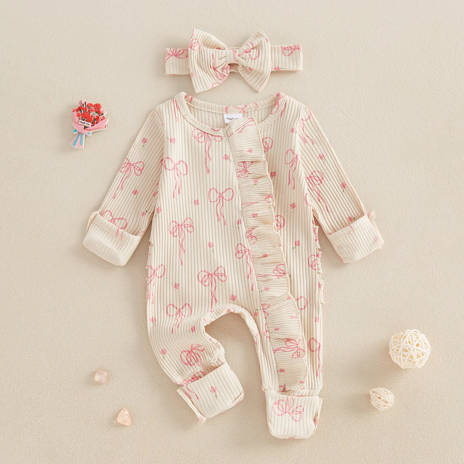 Newborn Baby Girl Coming Home Outfit Ruffle Romper Cute Ribbed Knit Jumpsuit Spring Clothes and Headband