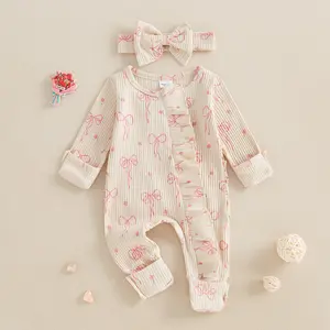 Newborn Baby Girl Coming Home Outfit Ruffle Romper Cute Ribbed Knit Jumpsuit Spring Clothes and Headband