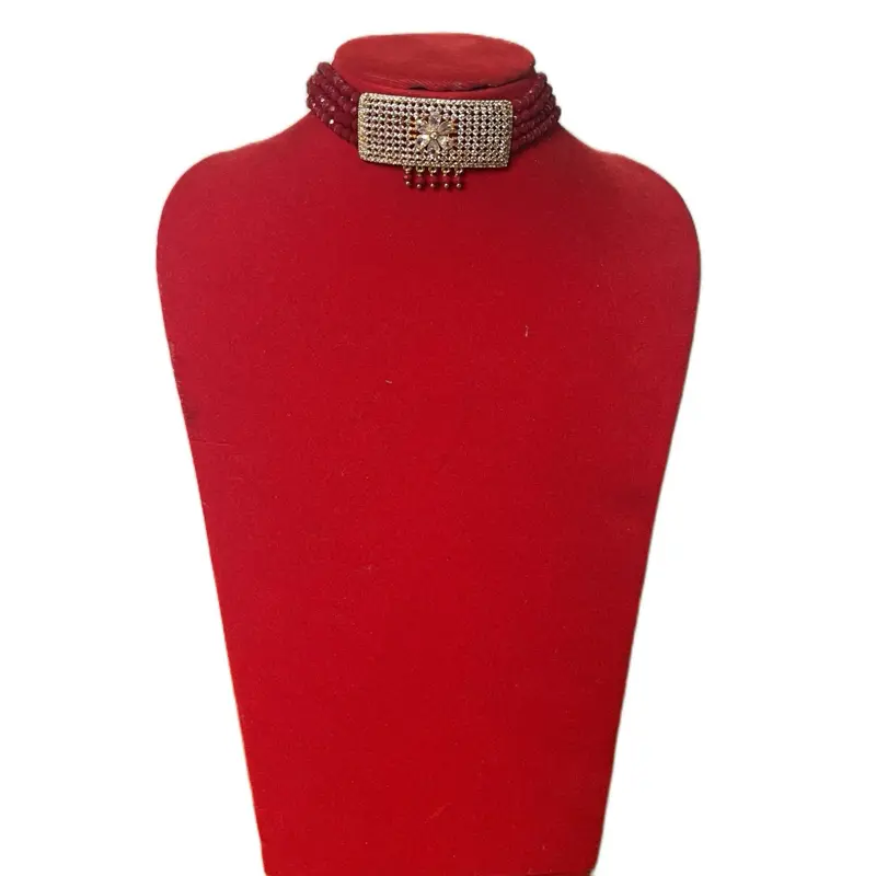 Ornate Traditional Nepali AD Red Choker Necklace - Traditional Craftsmanship Costume Jewelry, Short Chain Accessory with Sparkling Gold Accents, Glossy Metal-Coated Finish, Elegant Ethnic Fashion Piece, Ornate Traditional Necklaces