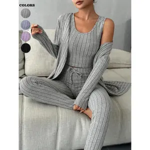 Three piece set of women's flat shoes, drawstring vest, leggings and cardigan, casual and comfortable spring and autumn ribbed suit, fashionable pullover