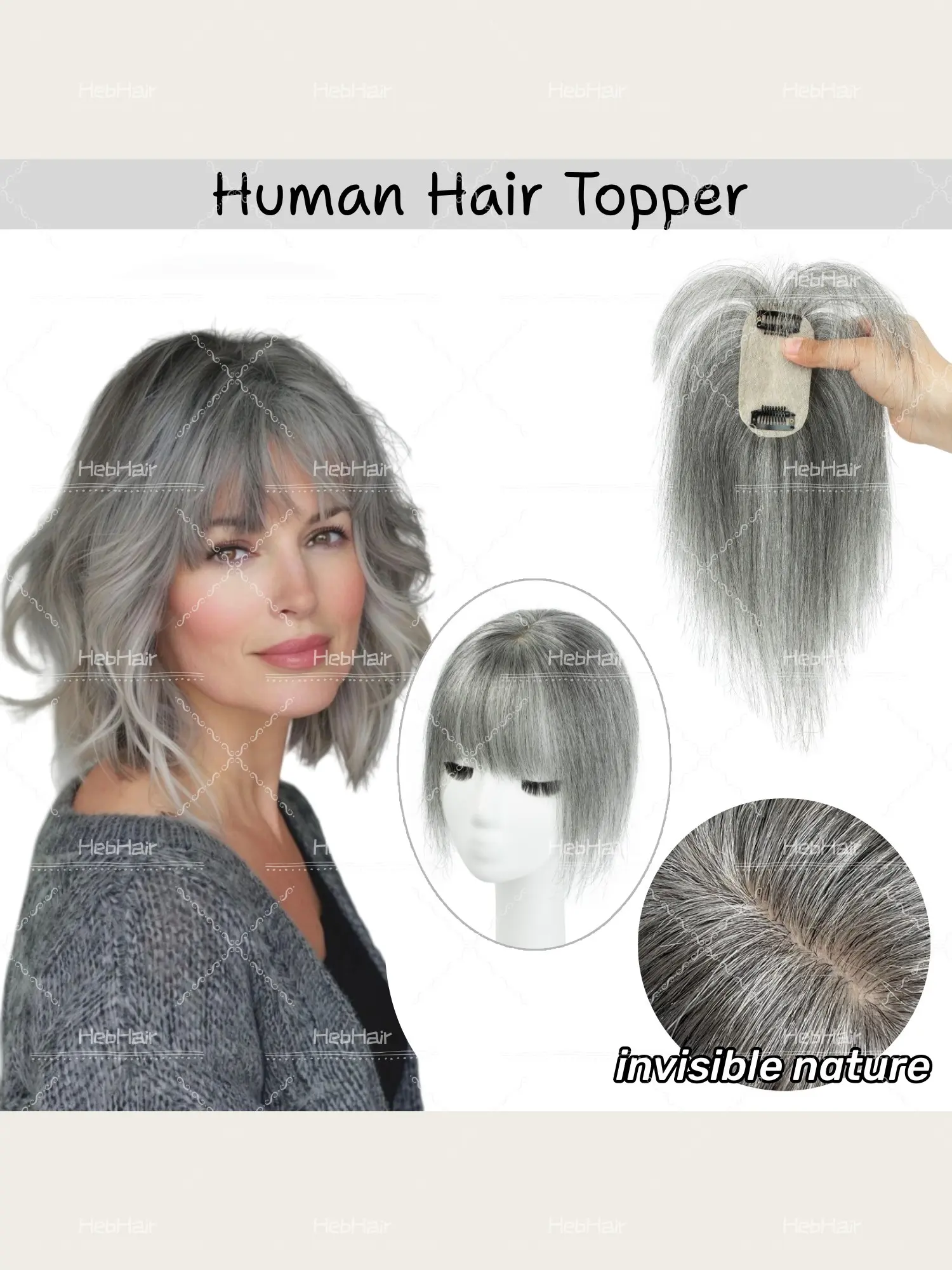 Real Human Hair Topper Wig, High-Density Hairpiece with Bangs, Volume & Length, Natural Look, Suitable for Thinning Hair & Balding, Hair Replacement Wigs, Natural Looking Wig, 5×9cm, White&Gray