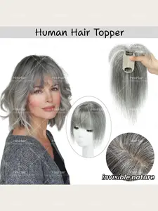 Real Human Hair Topper Wig, High-Density Hairpiece with Bangs, Volume & Length, Natural Look, Suitable for Thinning Hair & Balding, Hair Replacement Wigs, Natural Looking Wig, 5×9cm, White&Gray
