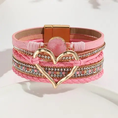 Boho Style Heart Charm Decor Bracelet, Bracelet Stack, Fashionable Multi-layer PU Leather Jewelry for Women & Men, Trendy All-match & Exquisite Jewelry for Birthday Gift, Multilayered Bangles, Alloy Heart Bracelets