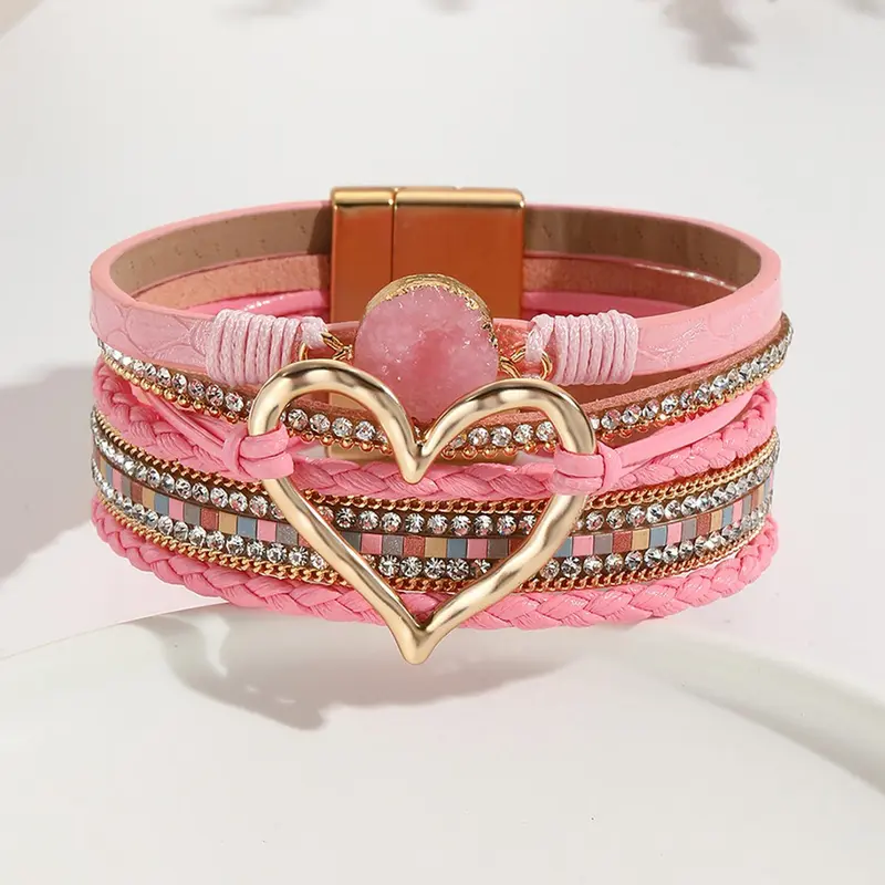 Boho Style Heart Charm Decor Bracelet, Bracelet Stack, Fashionable Multi-layer PU Leather Jewelry for Women & Men, Trendy All-match & Exquisite Jewelry for Birthday Gift, Multilayered Bangles, Alloy Heart Bracelets