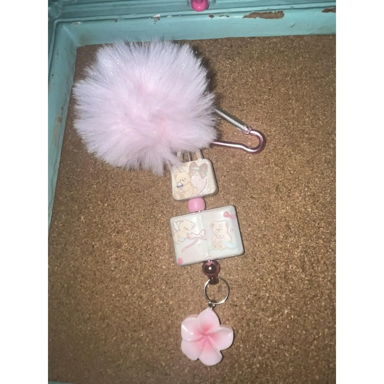 Skull Panda Bears Bag Charm or Keychain with Pink Fluff Ball and Floral Design