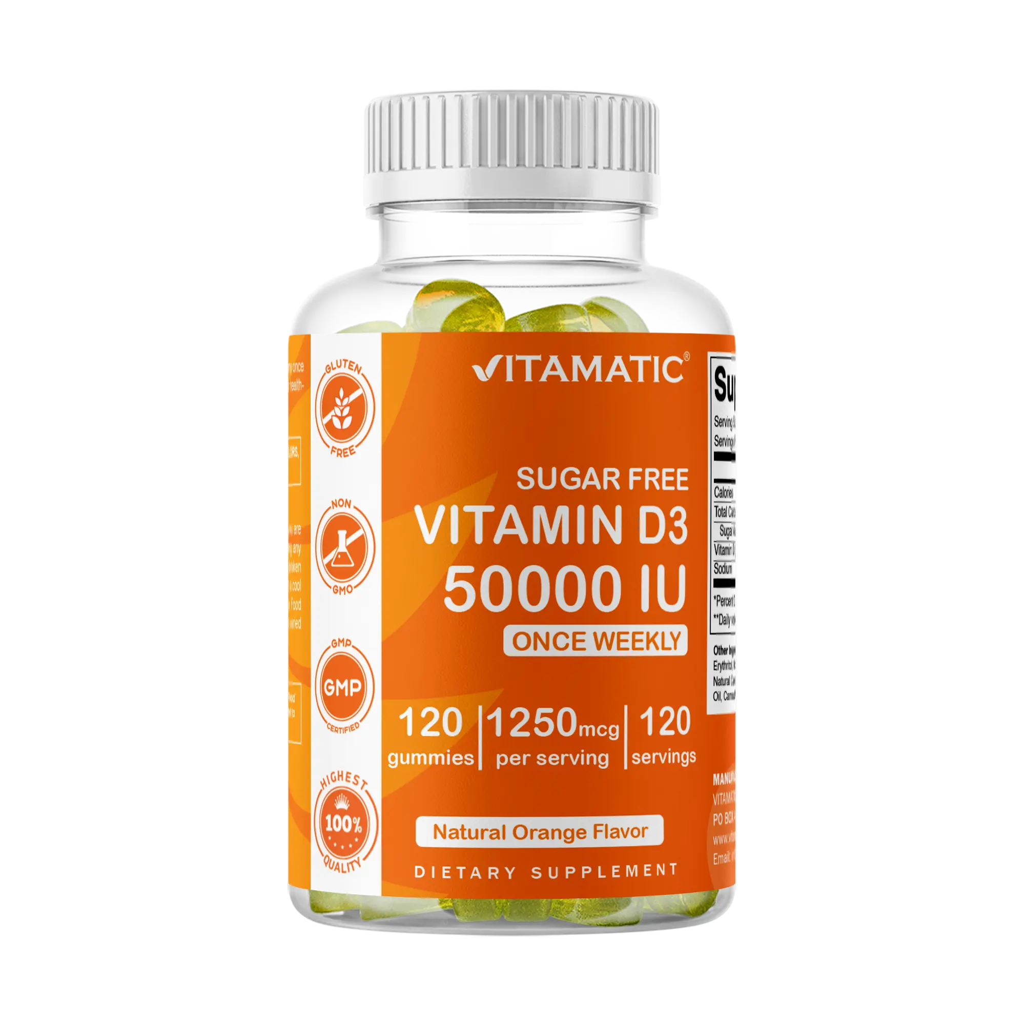 Vitamatic Sugar Free Dietary Natural Chewable Vitamin D3 50,000 IU Weekly Supplement - 120 Pectin Based Gummies for Brain Health, Chewy Vitamins Supplements, Gummy Vitamins Supplements