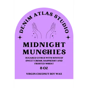 Denim Atlas Studio Midnight Munchies 8 oz Vegan Soy Wax Candle with Sugared Citrus Sweet Cream & Frosted Wheat Fragrance
