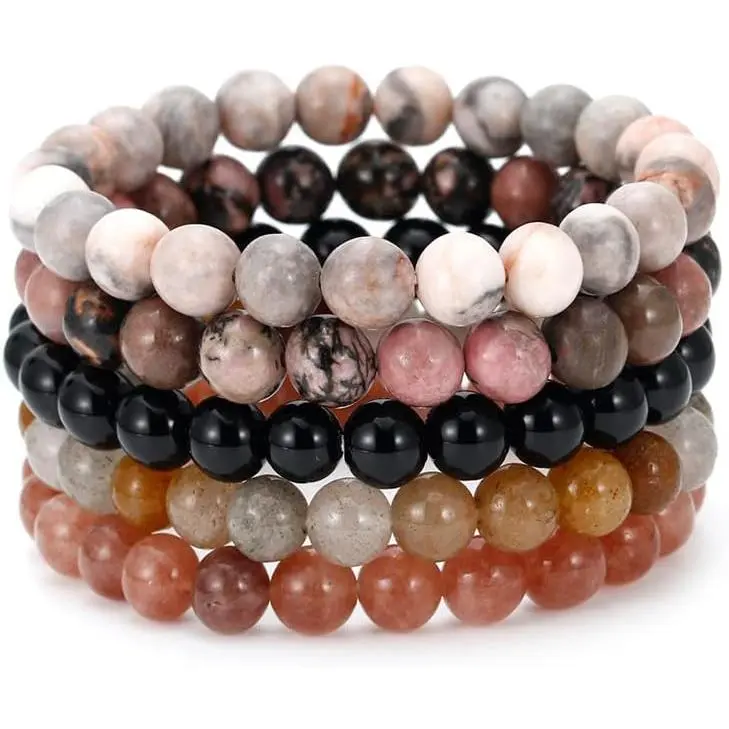 5count Semi-Precious  Bracelet - Healing Crystal Stone Beaded Bracelets for Women Men 8mm Round Beaded Stretch Bracelets Unisex Yoga Bracelets