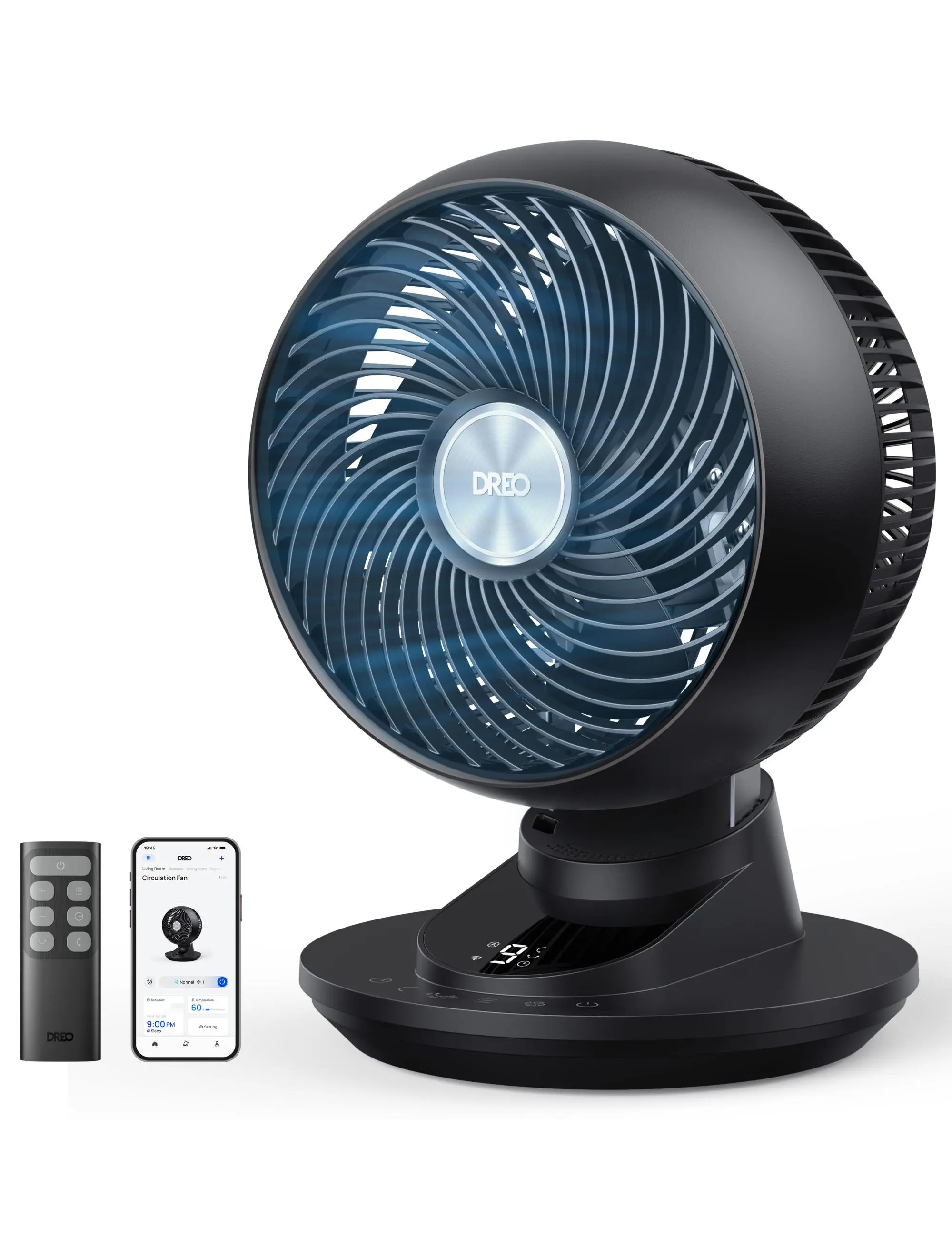 DREO Smart 12-Inch Multifunctional Pedestal Fan, Powerful Turbowind with 85ft Airflow, 20dB Ultra Quiet, 90°+90° Oscillating, App & Voice Control, 9 Speeds, 8/12H Timer for Home, Office