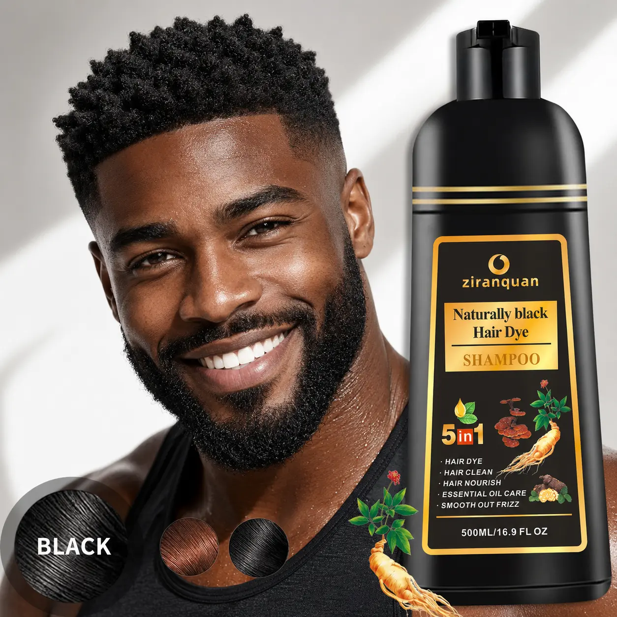 Hair Dye Shampoo with Ginseng for Stubborn Gray Coverage, 5-in-1 Natural Black Haircare Formula, Ammonia-Free & Vegan for Men & Women (500ml / 16.9 fl oz), Cleanser, Dyeing Hair, Silver Hair