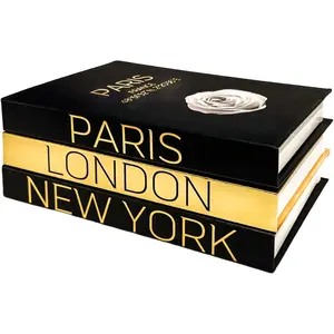 Set of 3 Decorative Books for Home Decor – Decorative Hardcover Display Faux Books for Bookshelf and Coffee Table – Black and Gold Foiled – Paris London New York Themed