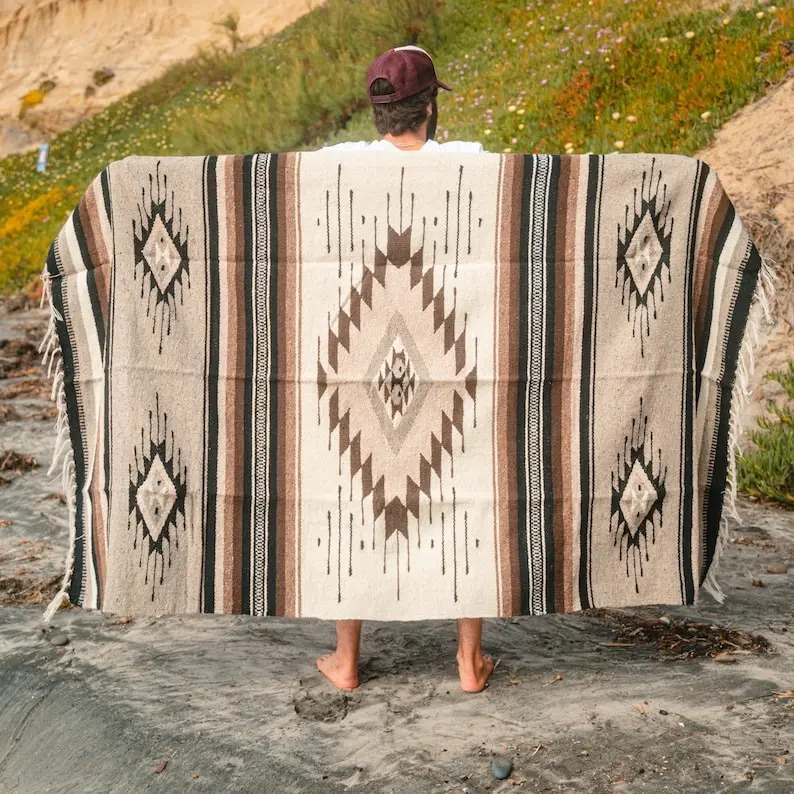 Wool Mexican Blanket XL Thick - Natural Brown Cream Tan Grey - Vintage Style Mexican Diamond Blanket Rug - Mexico Home Throw