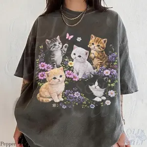 Cute Kitten Graphic T-Shirt, Vintage Cat Lover Tee, Washed Shirts, Retro Floral Kitty Top, Aesthetic Cottagecore Gift