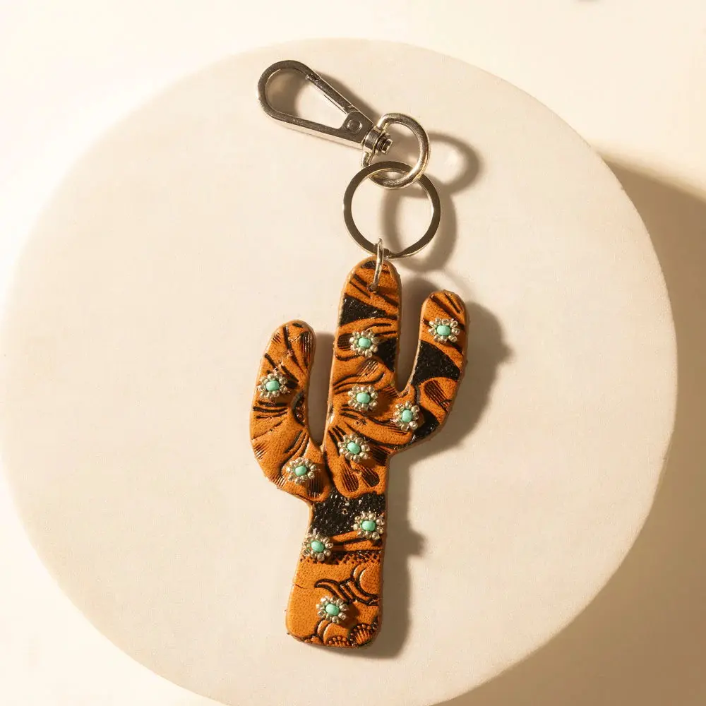 Myra Western Hand-Tooled Golden Tan Leather Cactus Keychain with Turquoise Stone Accents, Durable Portable Easy Clip Bag Clip, Stylish Colored Accents Compact Keychain for Purse, Stylish Keychain