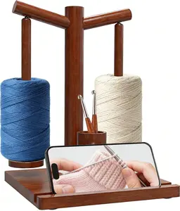 Wooden Yarn Holder for Crocheting, Magnetic Yarn Holder Spinner with 360° Rotation & 2 Spindles, All-in-One with Phone Stand & Crochet Hook Storage, Perfect Gifts for Knitters