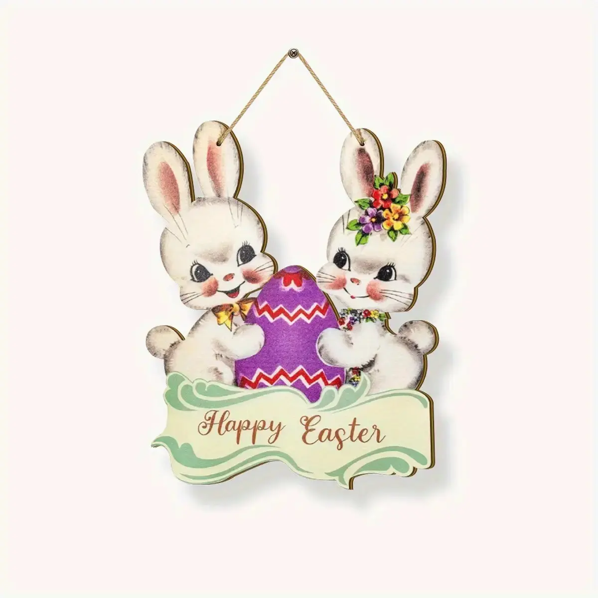 Happy Easter Bunny Wooden Wall Decor, Charming Farmhouse Door Decoration with Cute Rabbits, Colorful Eggs, Spring Flowers, Indoor/outdoor Use