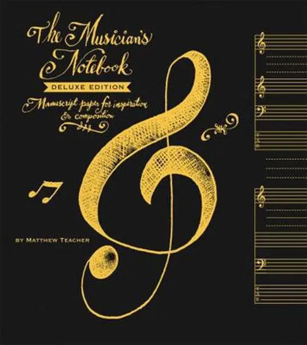 Used Hardcover Book - The Musician's Notebook: Deluxe Edition Interactive Manuscript Paper (Lay-Flat Binding, 70 Spreads, No Jacket, Printed Chord Stickers) for Composers by Matthew Teacher (English)