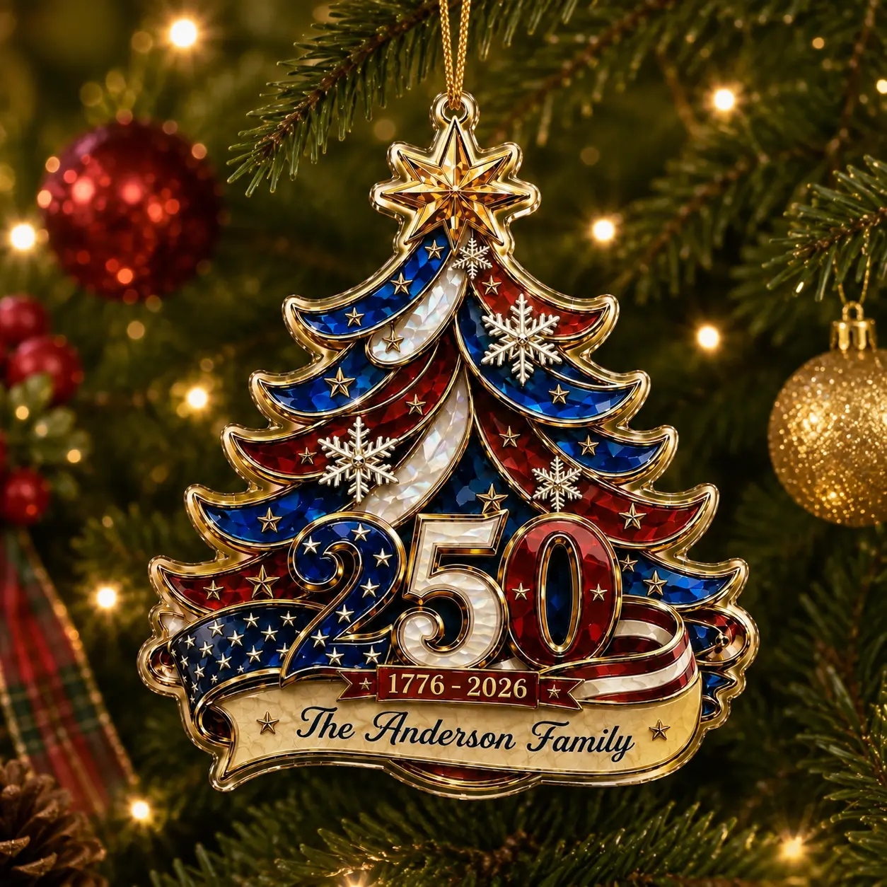 2026 Personalized God Bless USA 250th Anniversary Christmas Ornament - Custom Family Name Home Decor, Ideal Holiday Gift for Festive Occasions