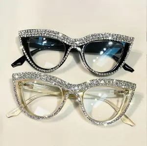 2 Piece Women's Full Frame Cat Eye Eyeglasses, Elegant Rhinestone Decorative Eyewear With Blue Light Blocking Lenses, Black And Translucent Frames, Polycarbonate Lens Screen Protection for Daily Office Wear,summervibes