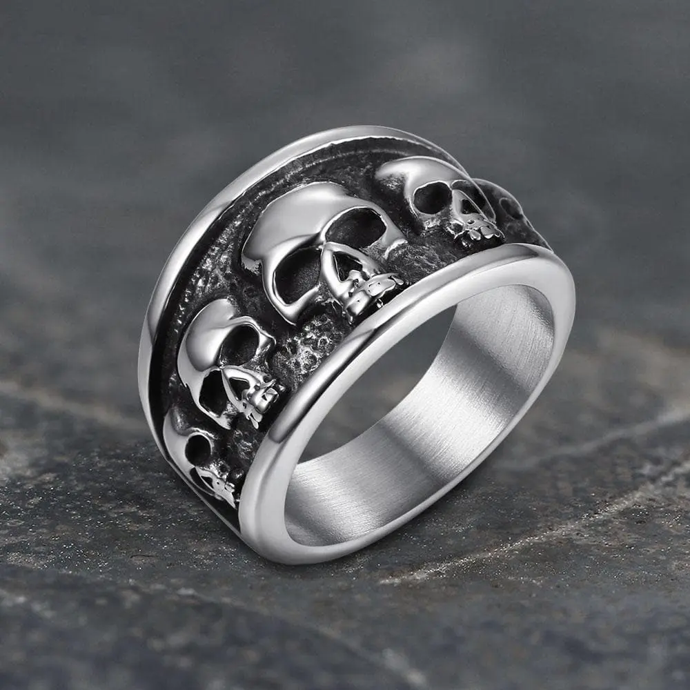 GTHIC Five Skulls Stainless Steel Gothic Ring for Men Birthday Gift