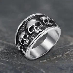 GTHIC Five Skulls Stainless Steel Gothic Ring for Men Birthday Gift