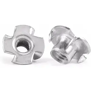 304 Stainless Steel 4-Pronged T-Nuts, 1/4"-20 Pronged Tee Nut with 3/8" Barrel Length for Wood, 100 Pack