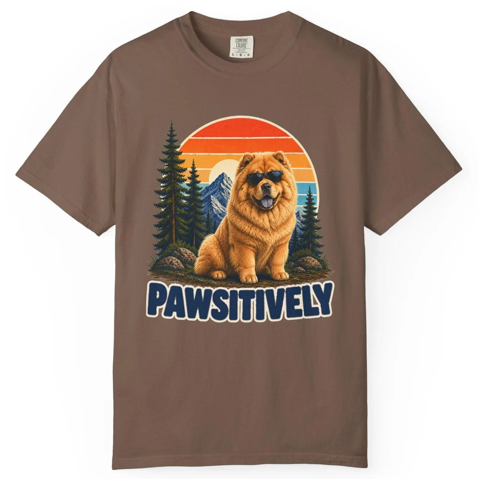 Pawsitively Chow Chow T-Shirt, Retro Sunset Forest Dog Design, Pawsitively Chow T-Shirt, Dog Graphic Tee, Outdoor Adventure Dog Shirt, Nature Lover Pet Tee, Funny Dog Lover Gift