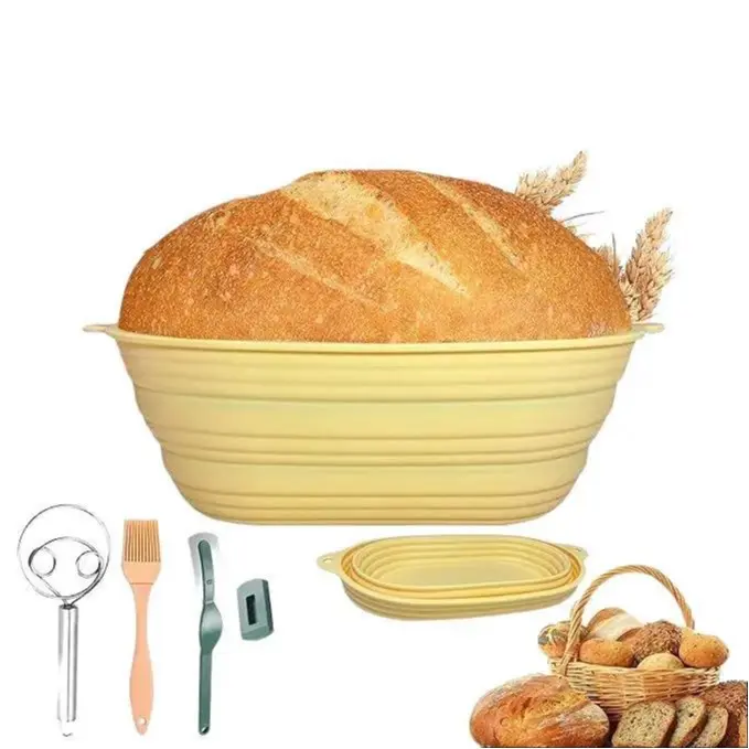 Silicone Banneton Bread Proofing Basket Set - 9 Inch Oval Foldable Sourdough Proofing Baskets with Complete Baking Tools - Bakeware Utensils for Artisan Bread Baking