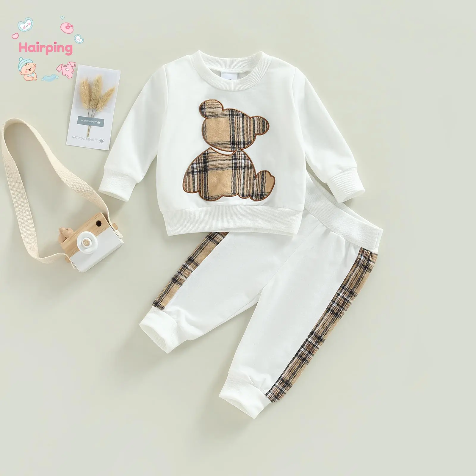 Baby Clothing Toddler Bear Plaid 2-Piece Outfit Set - White Long-Sleeve Sweatshirt, Side-Stripe Jogger Pants - Cute Fall Winter Casual Wear (0-24 Months)