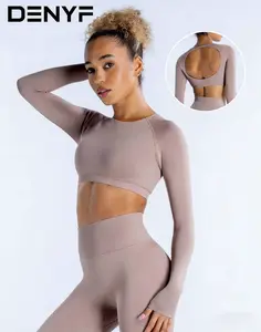 Vibe Outdoor Womens Round Neck Long Sleeve Yoga Set  Cutout Back & Cropped Navel Exposed Design