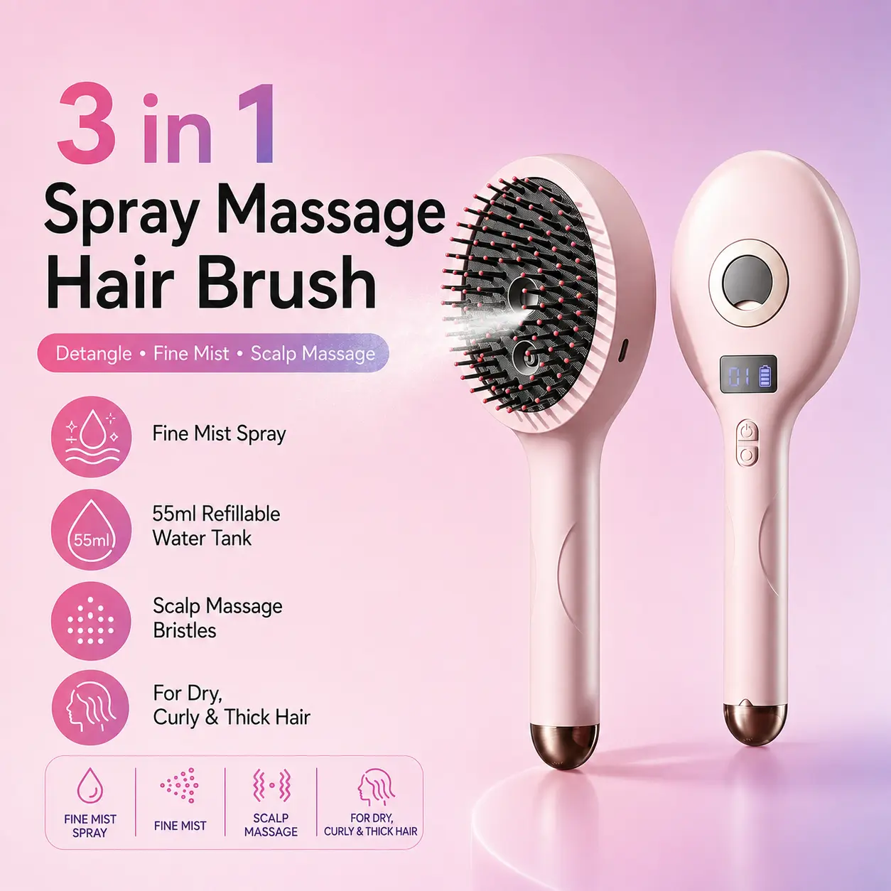 3-in-1 Rechargeable Ionic Spray Hair Brush, 55ML Refillable Mist Detangling Comb with Scalp Massage Bristles for Dry, Curly, Thick & Frizzy Hair