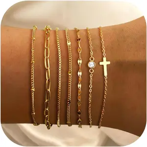 7 PCS Gold Bracelets for Women 14K Gold Plated Dainty Cuff Chain Set Waterproof Adjustable Thin Link Jewelry Trendy Stackable Bracelets Classic Gold & Silver Tones Hypoallergenic Safe Materials