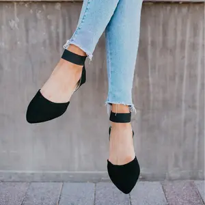 Black pointed ankle strap flat