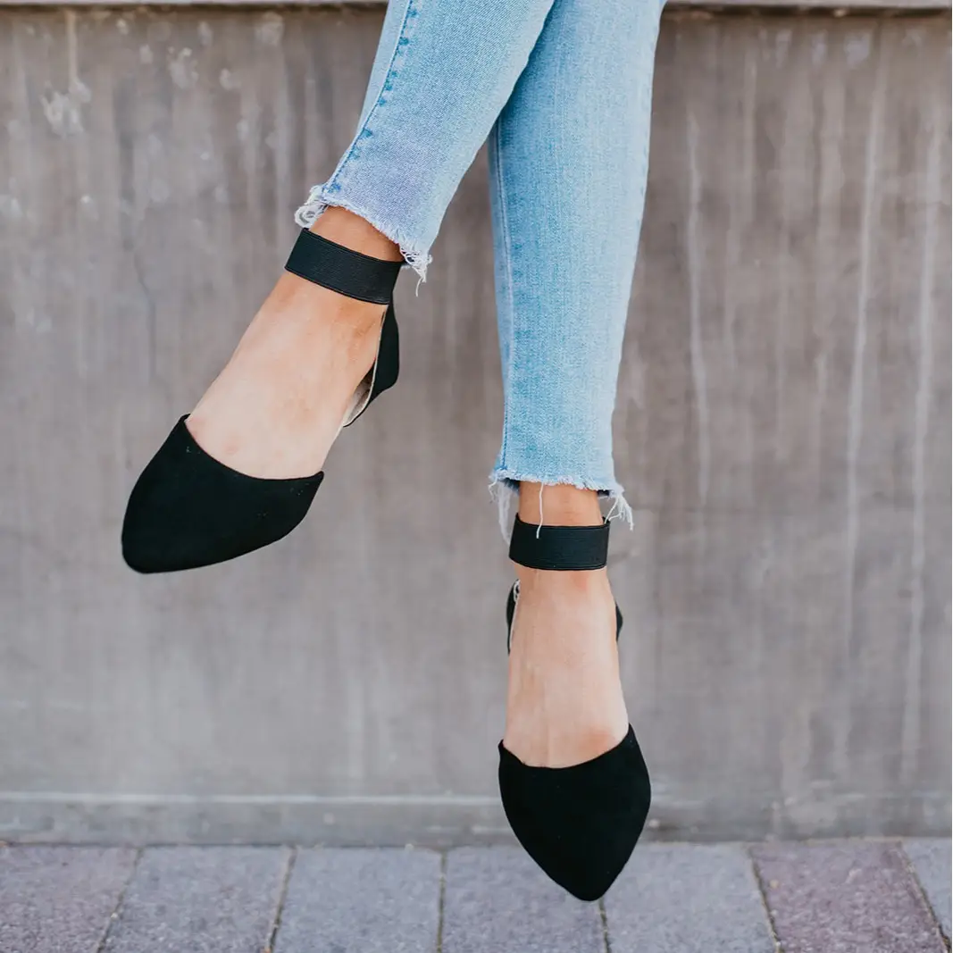 Black pointed ankle strap flat