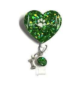 Paw Heartbeat Heart Badge Reel, Green, 2”, Retractable Swivel Alligator Clip, Heartbeat, Dog Lover, Nurse, Cute, Pharmacy, Dental