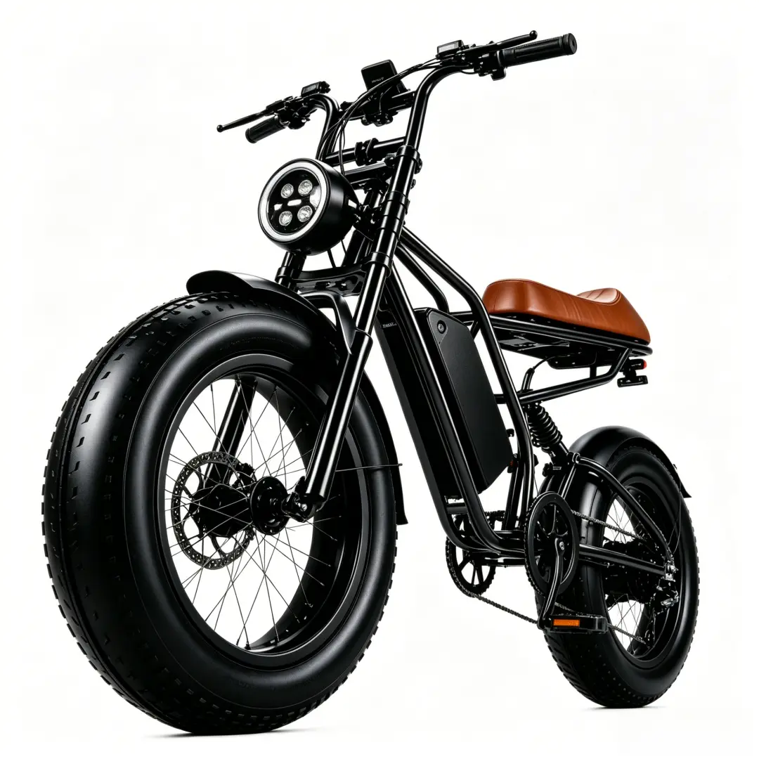 Adult Retro Cafe Racer Dual Suspension Ebike for Adults - 1500W Peak, 27MPH, 35-50 Mi Range, 20” All-Terrain Fat Tires, Dual Shopping Seat, Sports & Outdoor Cycling Equipment