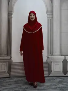 Somali Muslim Women's Lace Hat Soft Breathable Prayer Dress Fashion Solid Color African Long Robe Dress, Loose-Fitting All Seasons