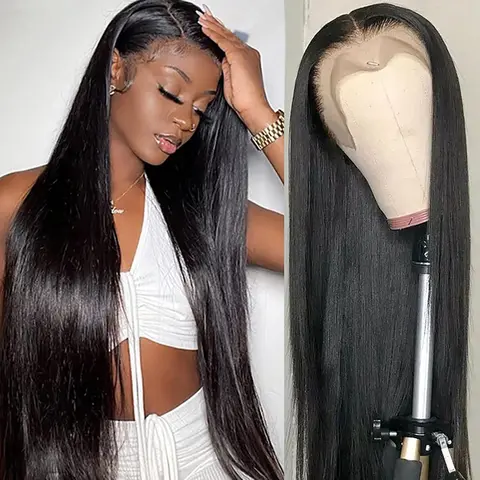 Female 100% Thick Human Hair Lace Frontal Wig - Black MLOCKME Brazilian Straight Wig, 30/32in, 13x4-13x6 Lace Front, 180% Density, Pre-Plucked With Baby Hair, Anti-Tangle, Adjustable Cap, Restyle & Straighten Capability, Natural Look