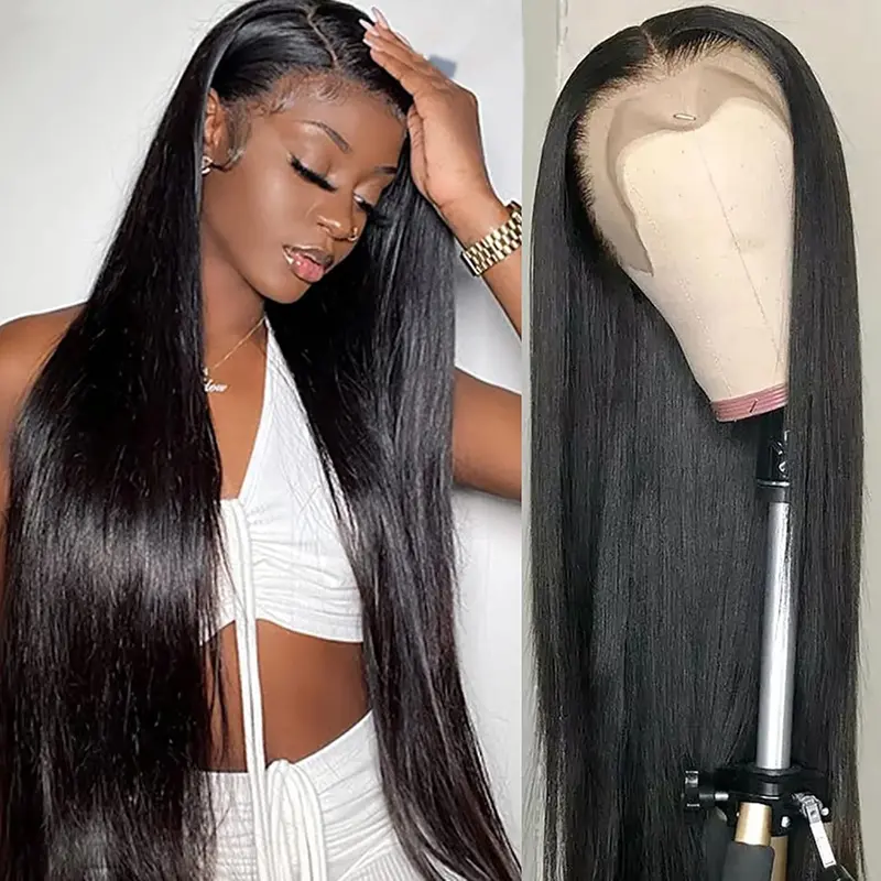 Female 100% Thick Human Hair Lace Frontal Wig - Black MLOCKME Brazilian Straight Wig, 30/32in, 13x4-13x6 Lace Front, 180% Density, Pre-Plucked With Baby Hair, Anti-Tangle, Adjustable Cap, Restyle & Straighten Capability, Natural Look