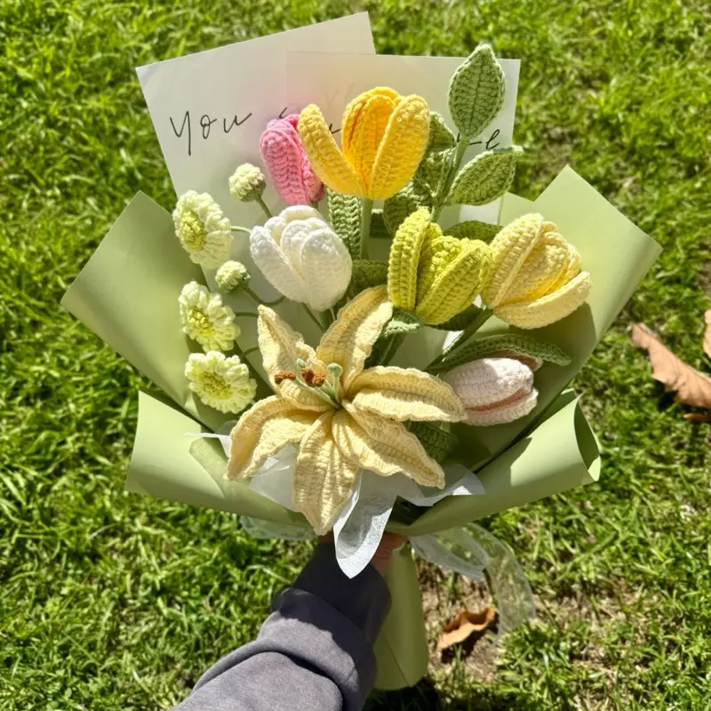 Crochet Yellow Lily & Green Daisies Bouquet - Durable Long-lasting Home Decor for Birthdays Graduations Mother's Days Anniversaries Valentine's Days