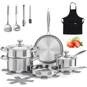 Stainless Steel Cookware Set, 16- Pots and Pans Set Non , Kitchen Induction Cookware with Glass , Steamer, Utensil Sets, Pot Protectors & Apron, Oven & Dishwasher Safe,