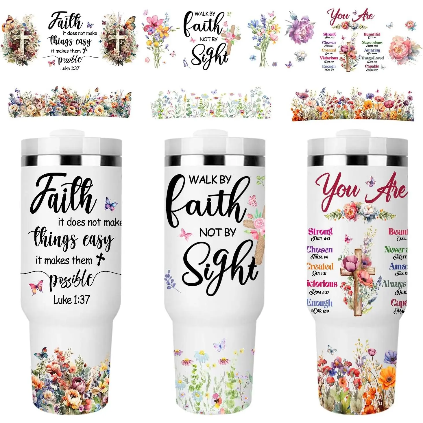 UV DTF Cup Wrap - 3 Set  UV DTF Cup Wrap for 40 oz Tumbler, Inspirational Cross Faith Uvdtf , Flower Butterfly  Rub on Transfer Stickers for Glass
