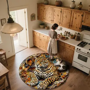 Leopard with Embossed Leaves  Round patterned carpet, non-slip round mat for bedroom, living room, pet bed, and chair, home decoration, birthday gift, Christmas gift, Valentine's Day gift