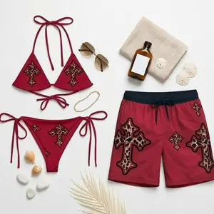 Matching Swimwear Set Couples Burgundy Leopard Cross Bikini and Shorts