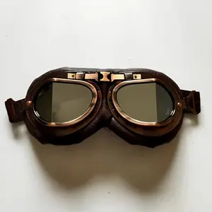 Vintage Bronze Pilot Oval Frame & Cloth Included Safety Goggles Sunglasses Sports Eyewear Leather Strap