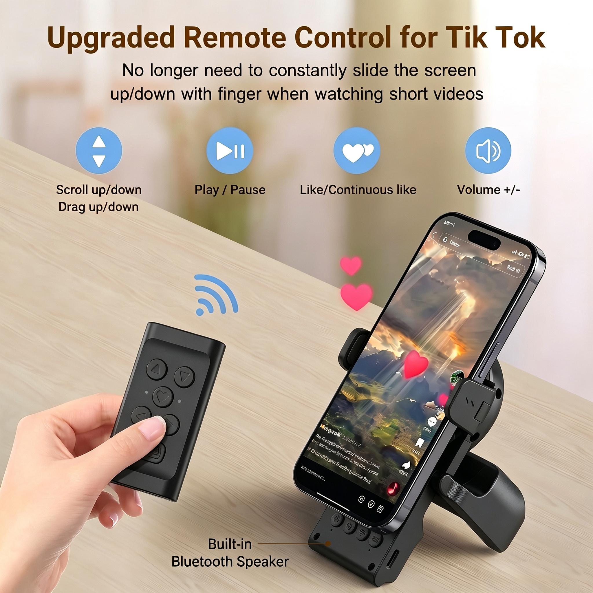 TikTok Scroll Remote with Bluetooth Speaker, 4-in-1 Wireless Page Turner, Adjustable Phone Stand, Camera Shutter for Selfie, Video Recording, Kindle Reading, iOS & Android Compatible