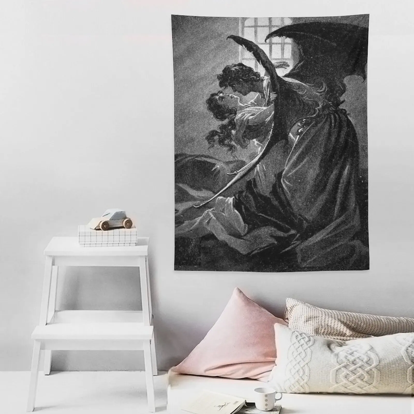 Vintage Dark Romance Fabric Wall Tapestry - Gothic Angel & Mortal Lovers Print Wall Hanging, Dark Academia Bedroom Decor, Moody Theme Photo Background for BookTok, Multi-Size Victorian Horror Art