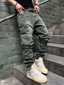 Men's Pioneer Trend Heavyweight Washed Vintage Street Casual Workwear Jeans Extra-Long Straight Loose Fit | Multi-Pocket Design for All Seasons | Button Closure Ideal for Men's Daily Wear