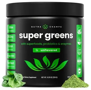 NutraChamps Super Greens Powder Premium Superfood | 20+ Organic Green Veggie Whole Foods | Wheat Grass, Spirulina, Chlorella | Antioxidant, Digestive Enzyme & Probiotic Blends (9.0 Oz, Unflavored)